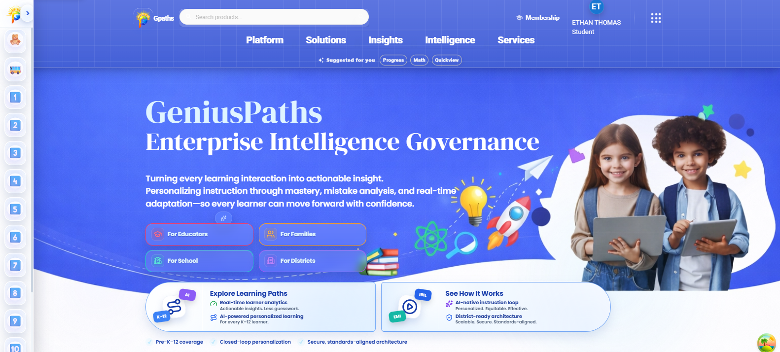 Actual GeniusPaths platform interface showing the Concept Mastery Intelligence home experience